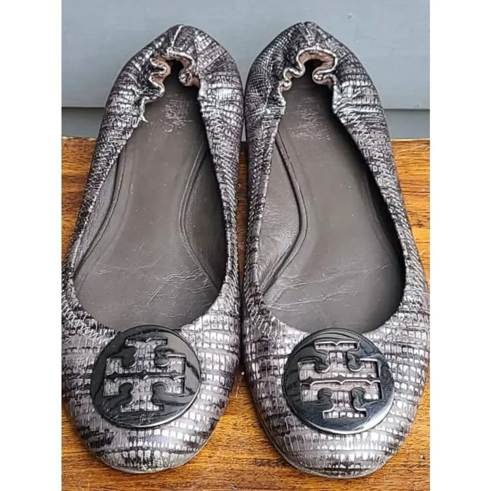 Tory Burch Reva Black Silver Snake Print Leather Ballet Flats size 8M